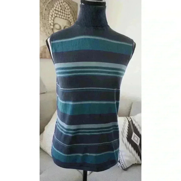Rafaella Sleeveless Turtleneck Sweater - Striped Pattern in Blue & Gray, Size M - Picture 1 of 13